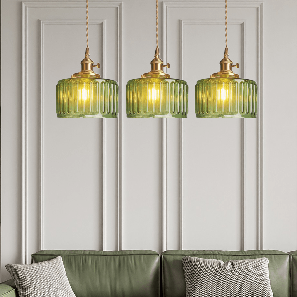 Vintage Green Brass and Glass Pendant Light