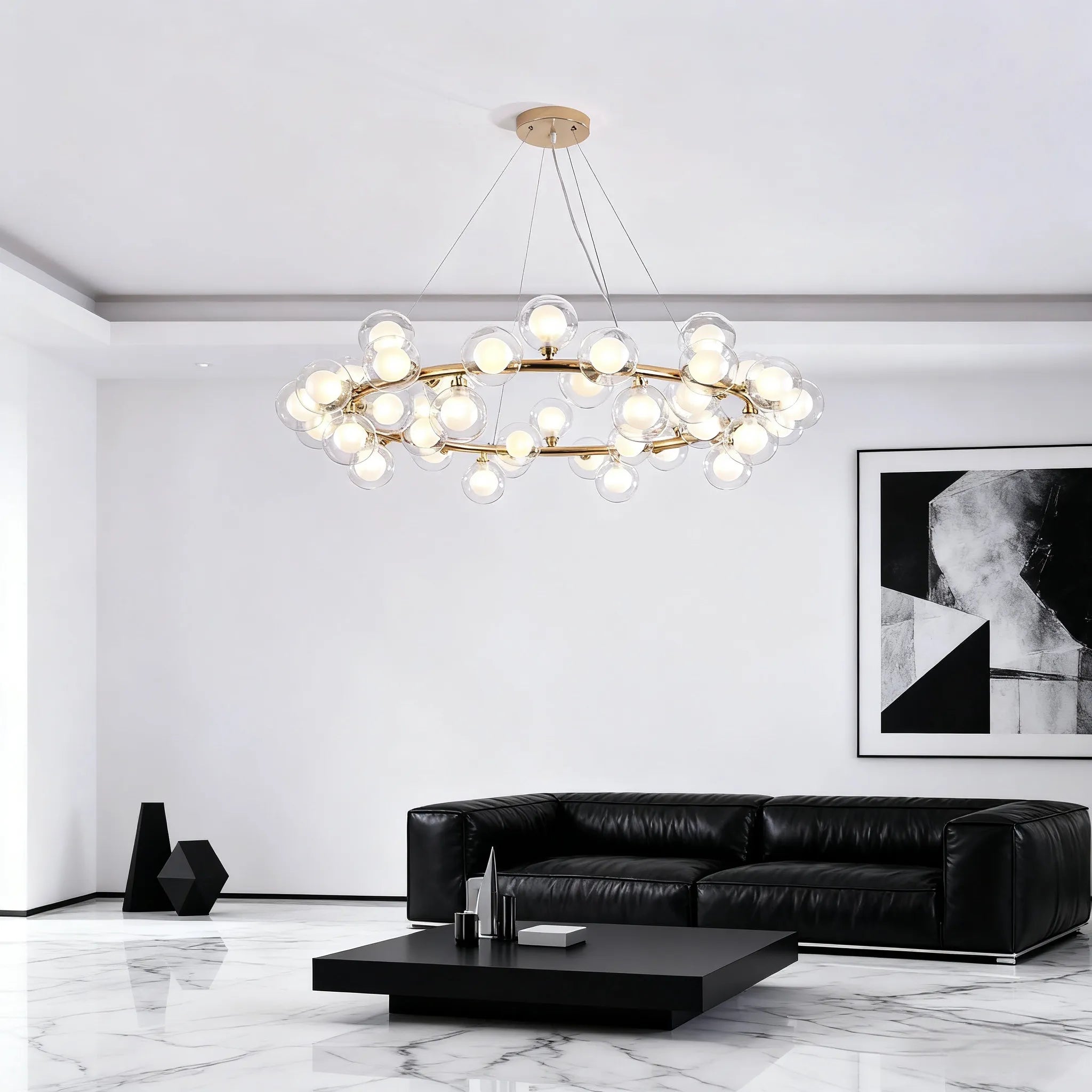 Scandinavian Gold Ring Chandelier with Glass Bubble Balls