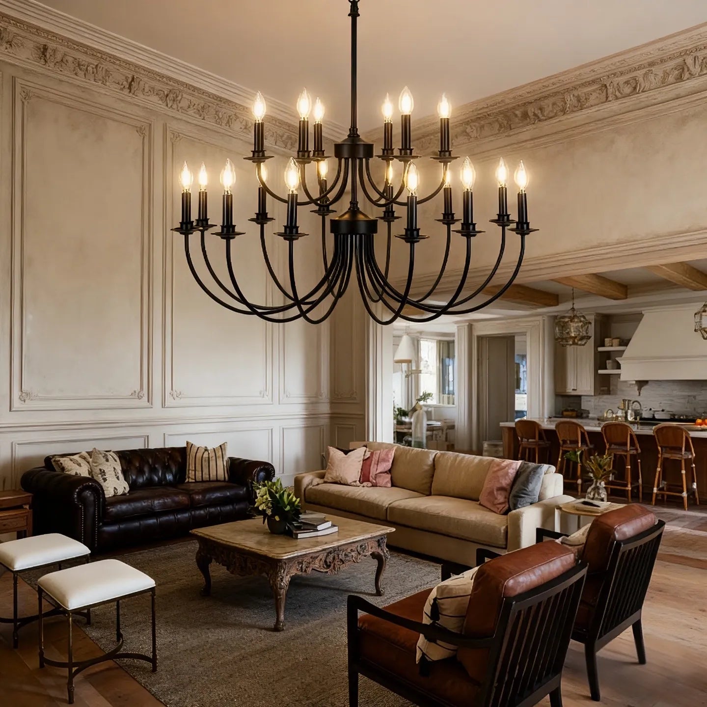 Retro Black Wrought Iron Candle Chandelier for Living Room