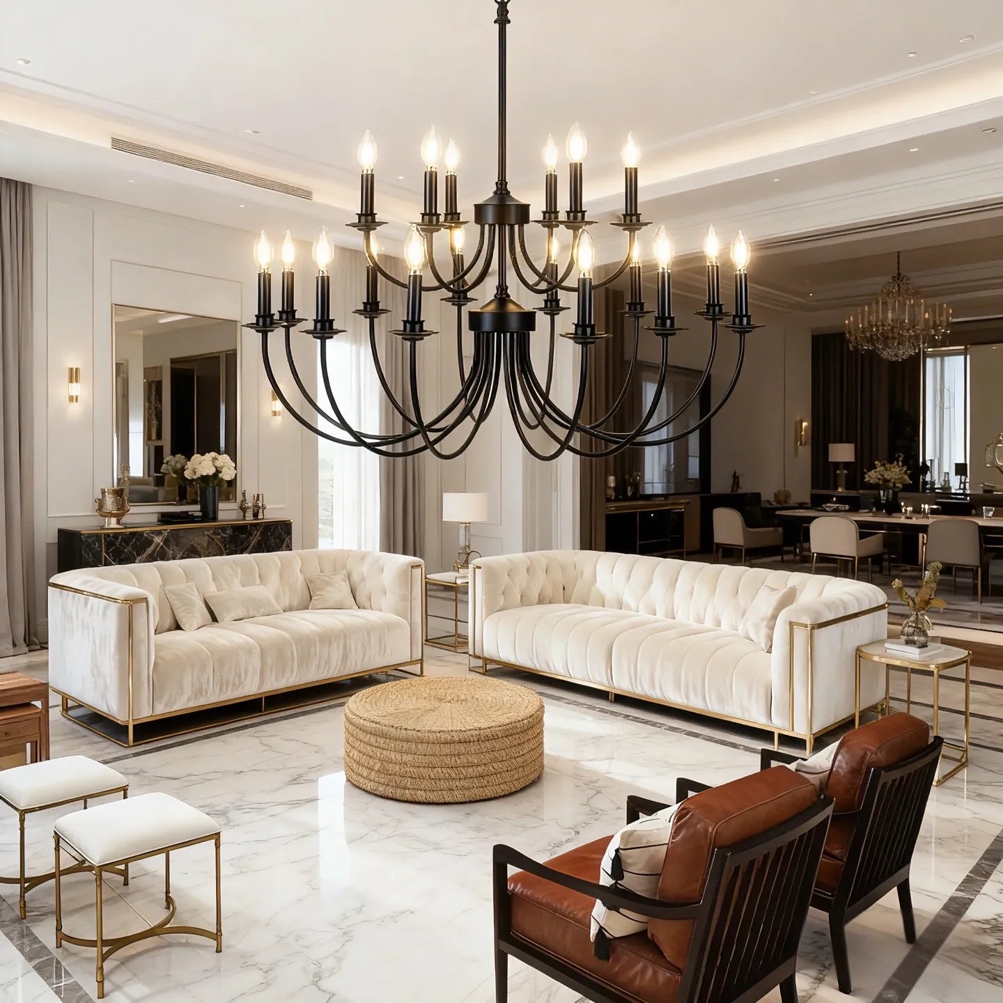 Retro Black Wrought Iron Candle Chandelier for Living Room