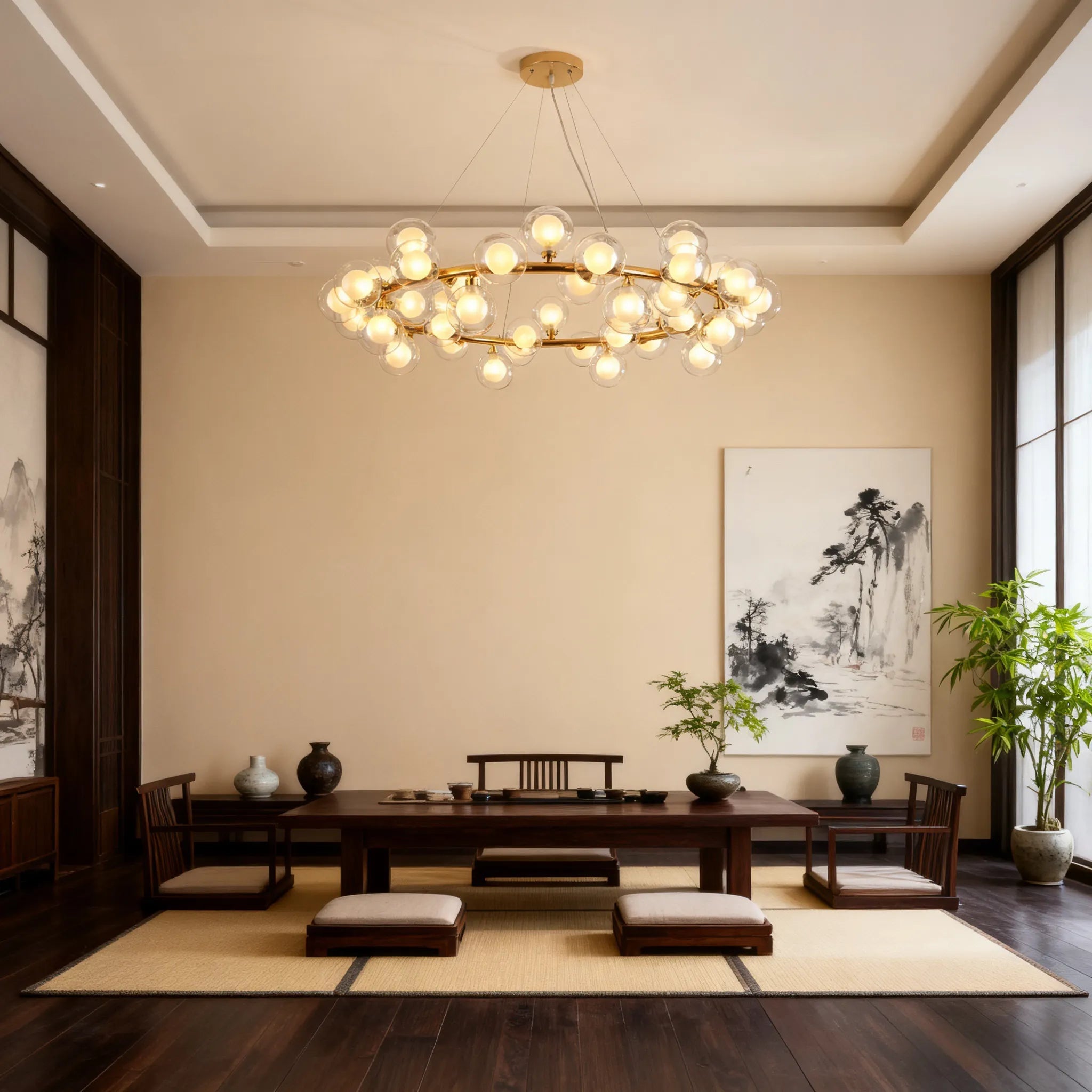 Scandinavian Gold Ring Chandelier with Glass Bubble Balls