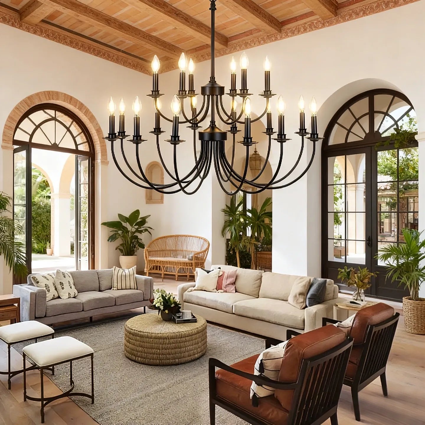 Retro Black Wrought Iron Candle Chandelier for Living Room