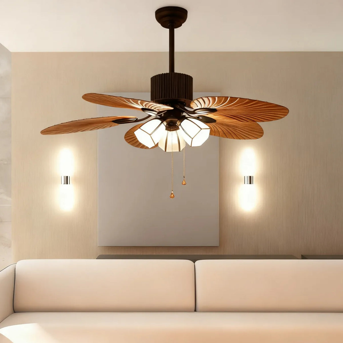 Silent Palm Leaf Ceiling Light for Living Room With Fan