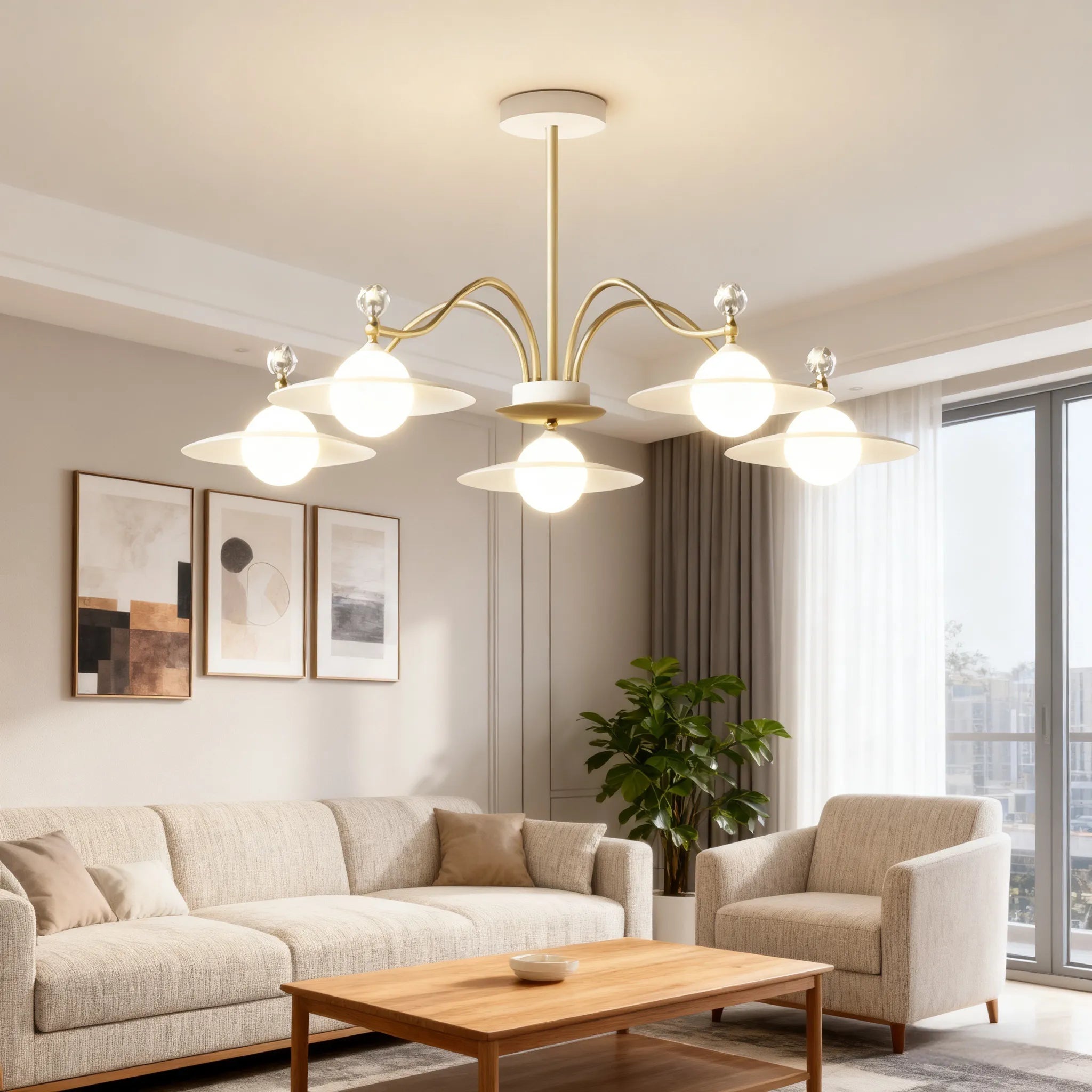 Luxury Glass Gold Chandelier for Living Room with Three Light Modes