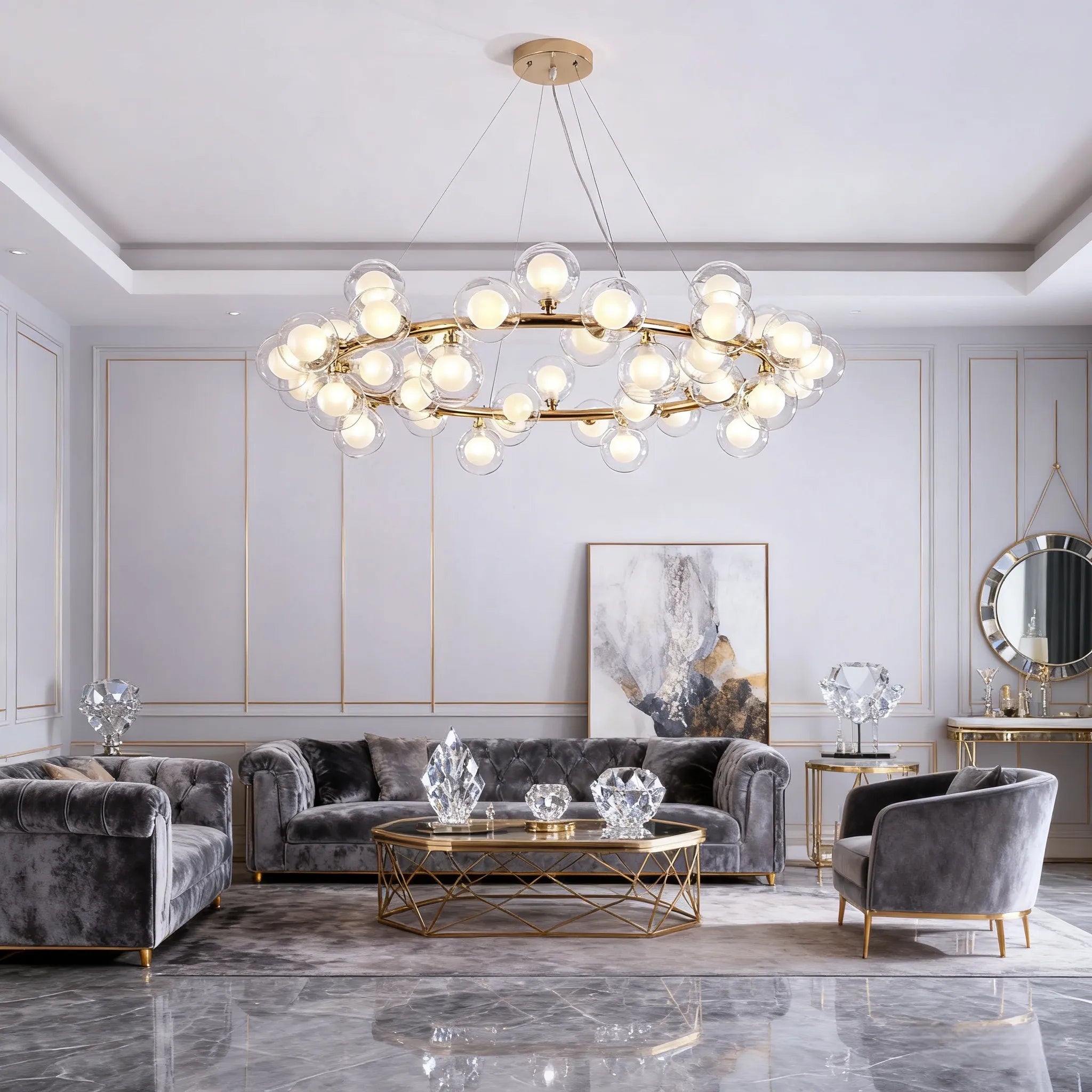 Scandinavian Gold Ring Chandelier with Glass Bubble Balls