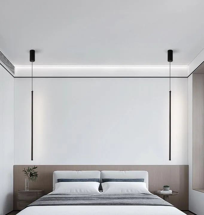 Minimalist Linear Black LED Pendant Light for Bedside