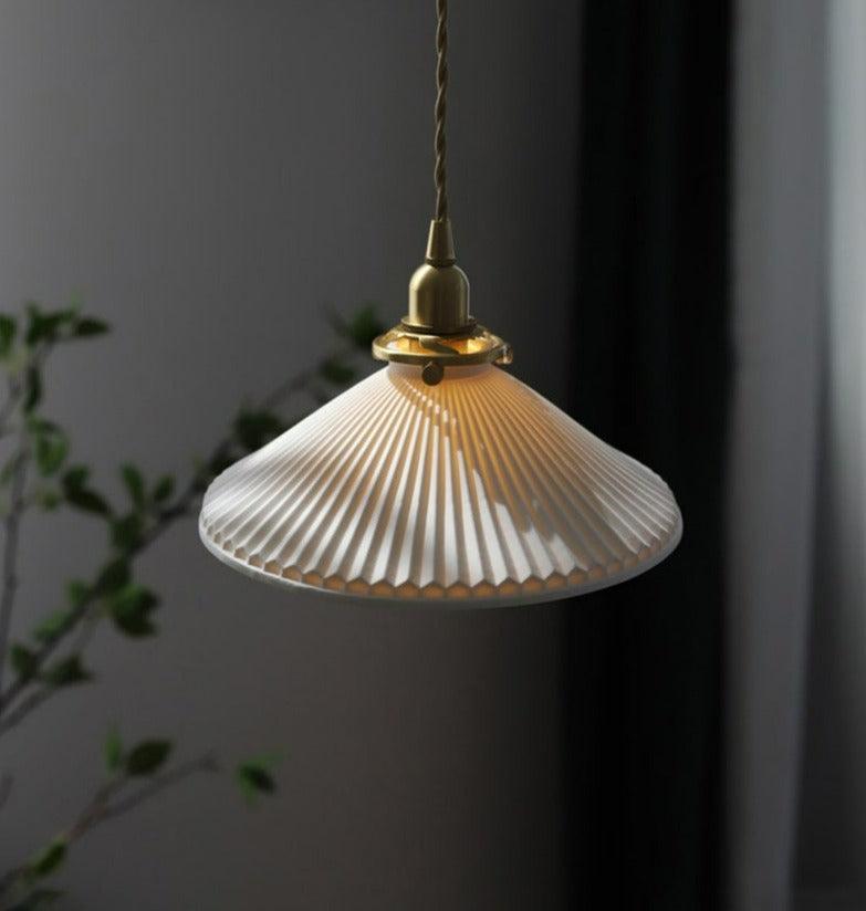 Vintage Brass Pleated Ceramic Pendant Light