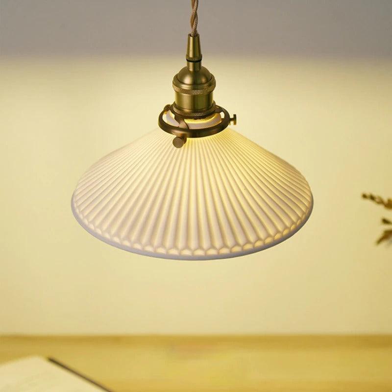 Vintage Brass Pleated Ceramic Pendant Light