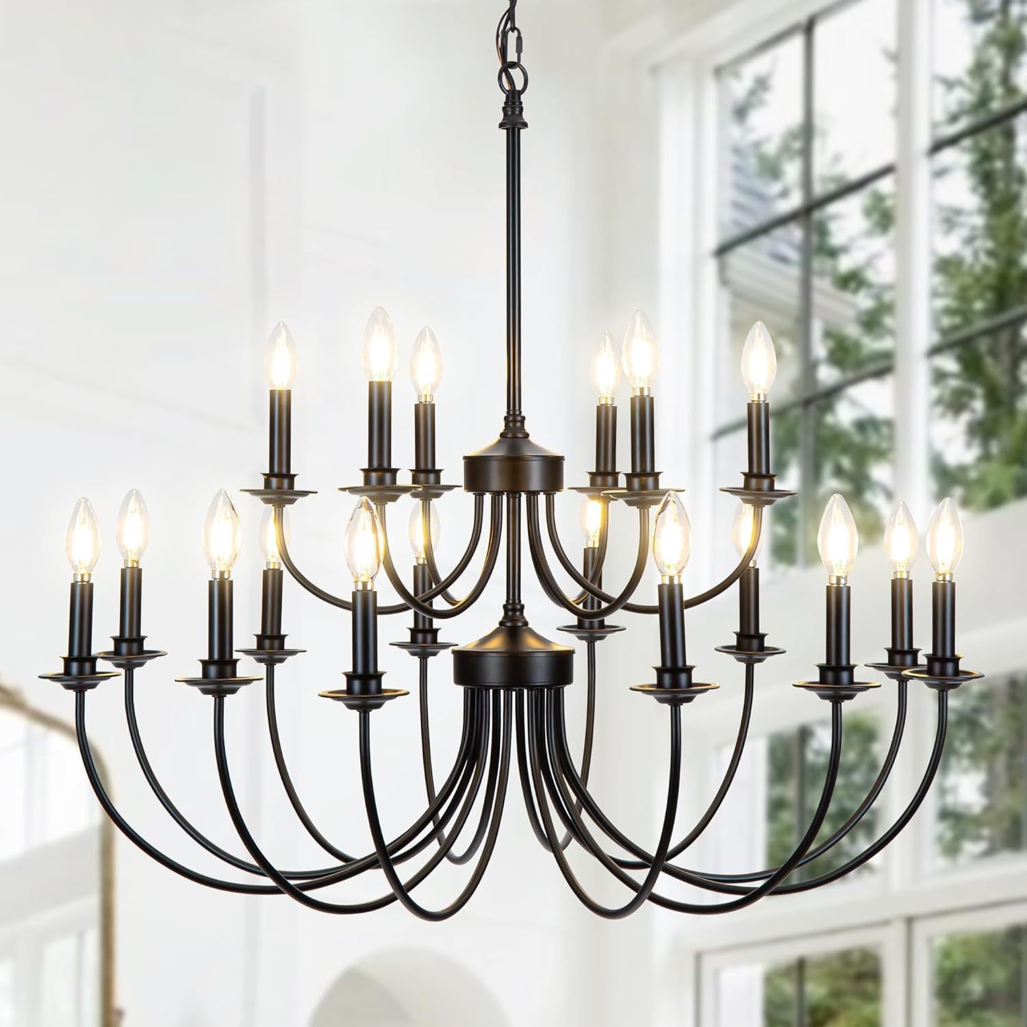 Retro Black Wrought Iron Candle Chandelier for Living Room