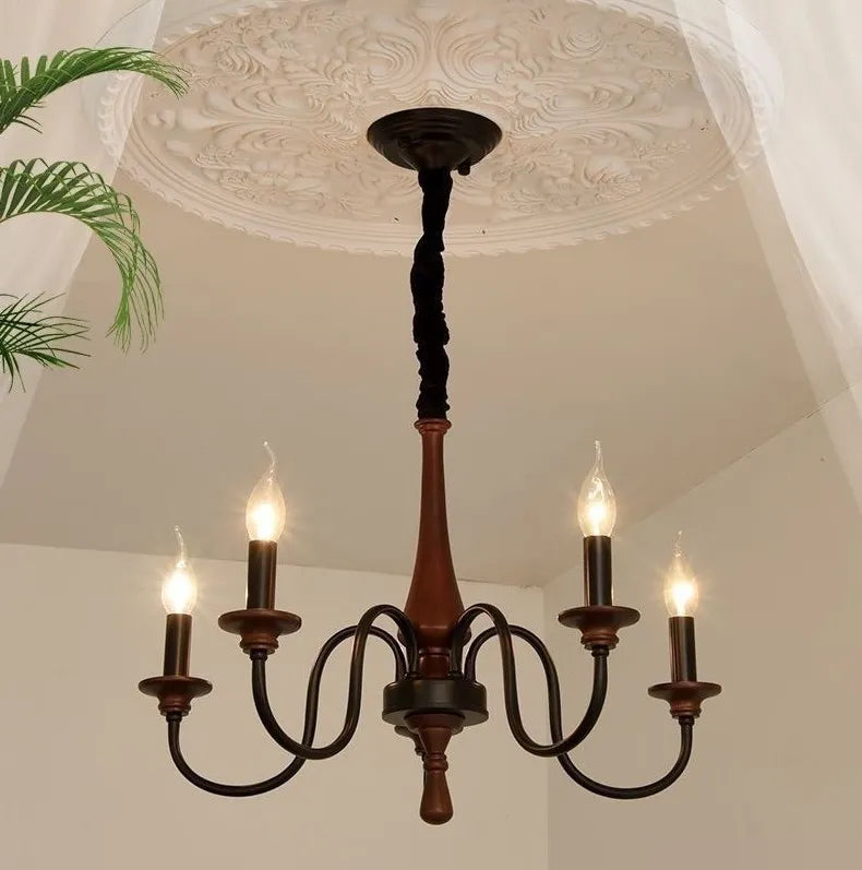 Rustic French-Style Wooden Candelabra Chandelier