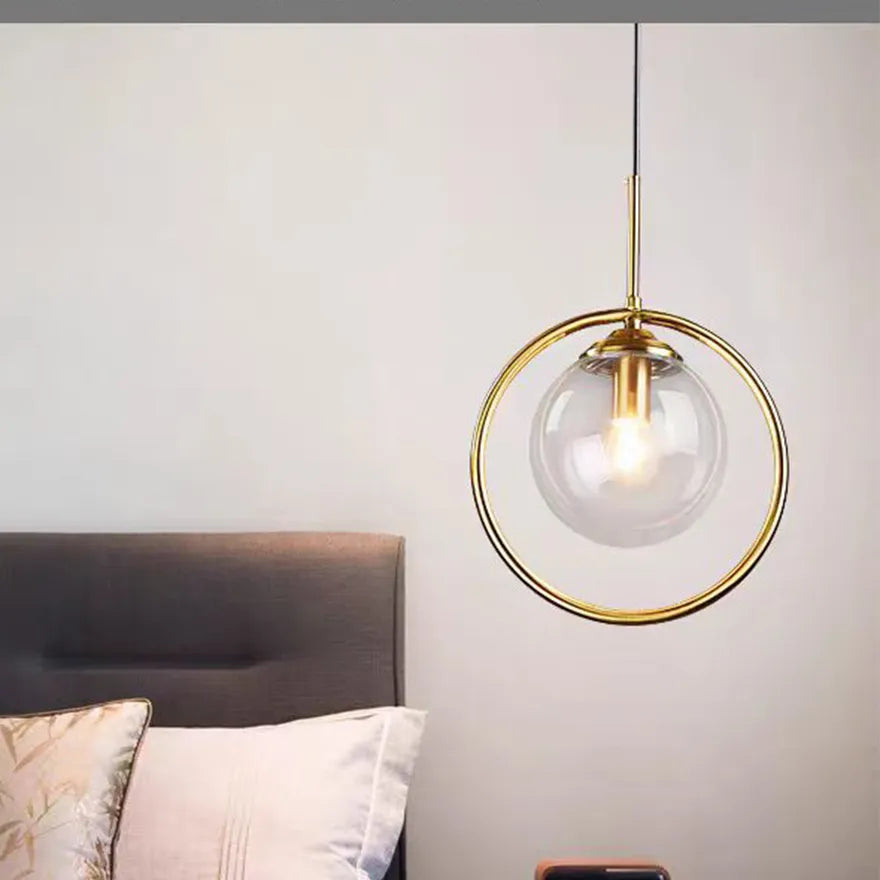 Globe Glass Pendant Light with Metal Ring for Bedside