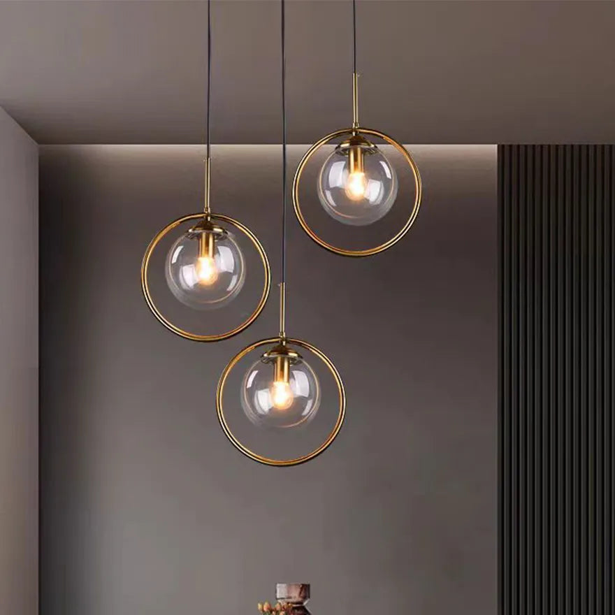 Globe Glass Pendant Light with Metal Ring for Bedside