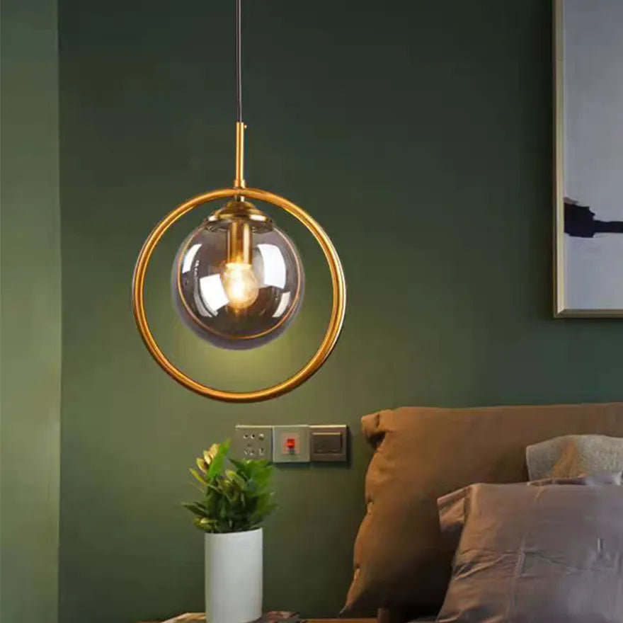 Globe Glass Pendant Light with Metal Ring for Bedside