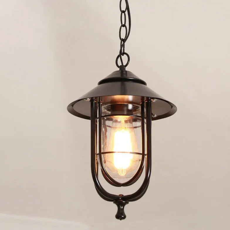 Lantern-Style Black Metal Industrial Pendant Light