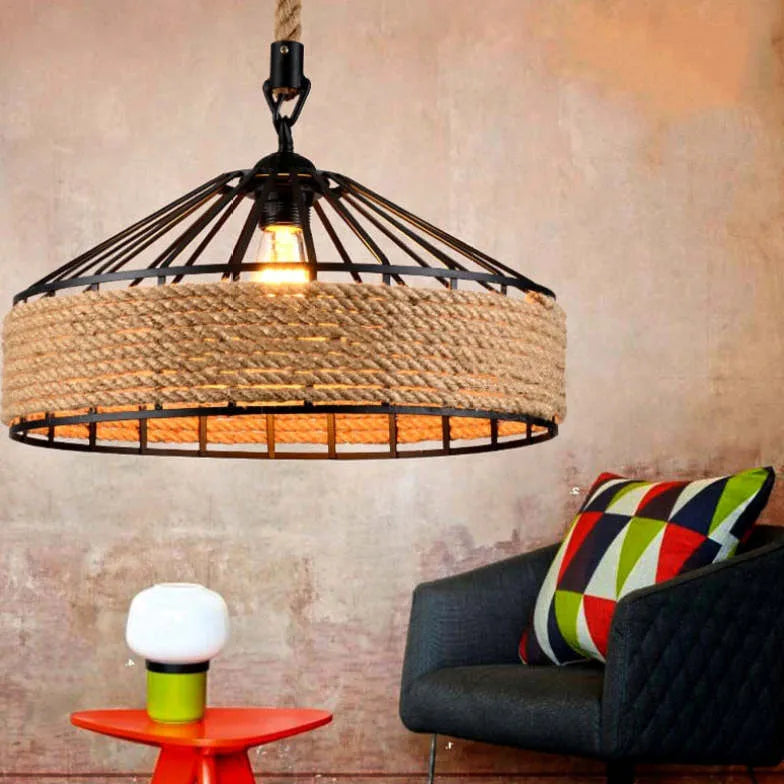 Jute Rope Metal Shade Industrial Kitchen Pendant Light