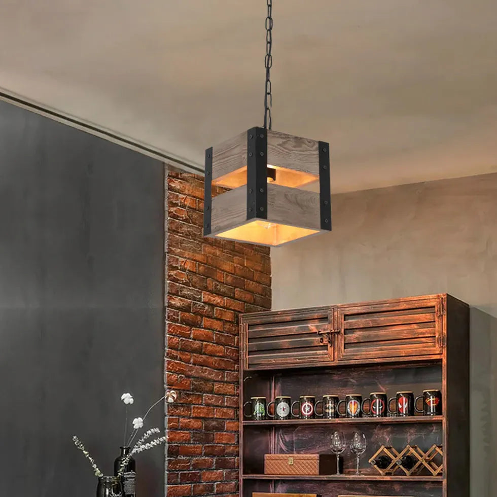 Cube-Shaped Wooden Frame Vintage Dining Pendant Light