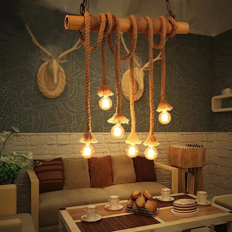 Rope Design Multi-Light Vintage Wooden Pendant Light