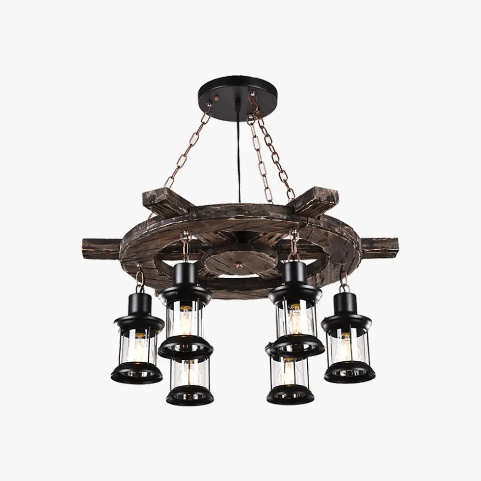 Wooden Wheel Shaped Multi-Light Industrial Chandelier