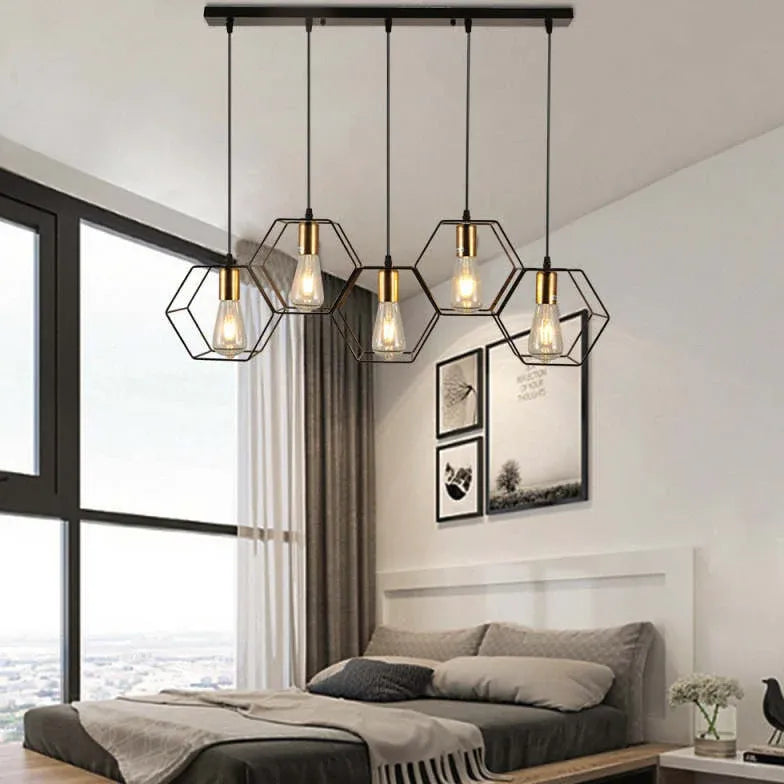 Three-Light Hexagonal Shade Black Industrial Pendant Light