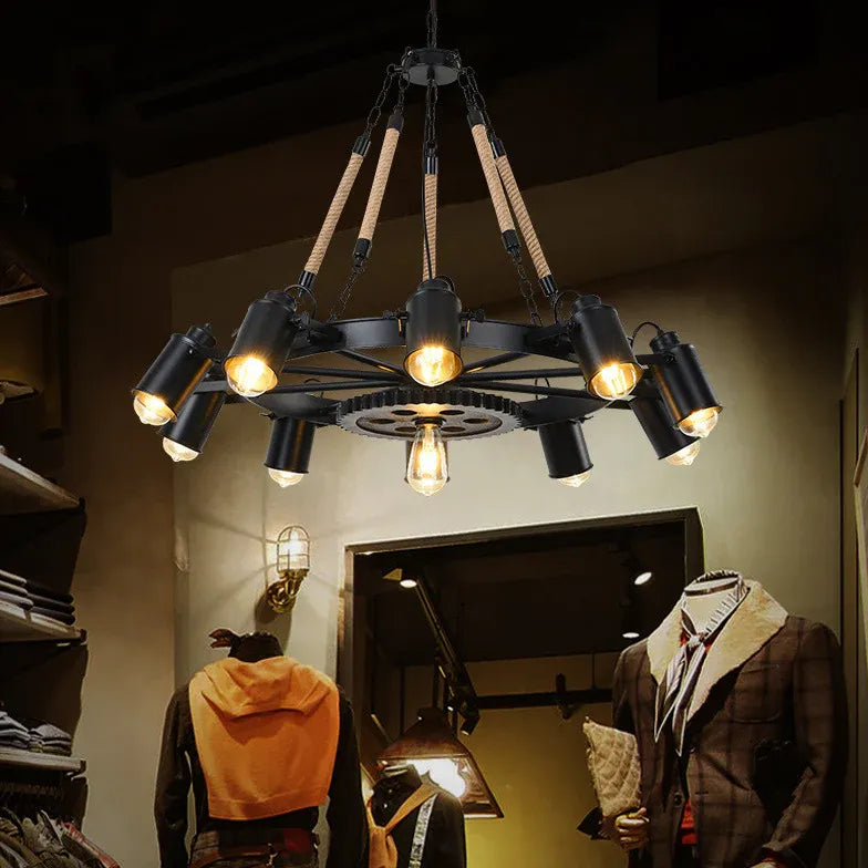 Black Wheel-Shaped Multi-Bulb Industrial Pendant Light