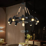 Black Wheel-Shaped Multi-Bulb Industrial Pendant Light