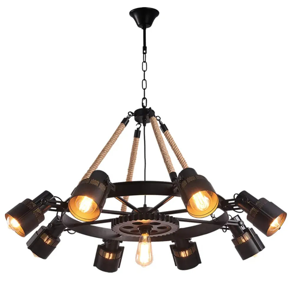 Black Wheel-Shaped Multi-Bulb Industrial Pendant Light