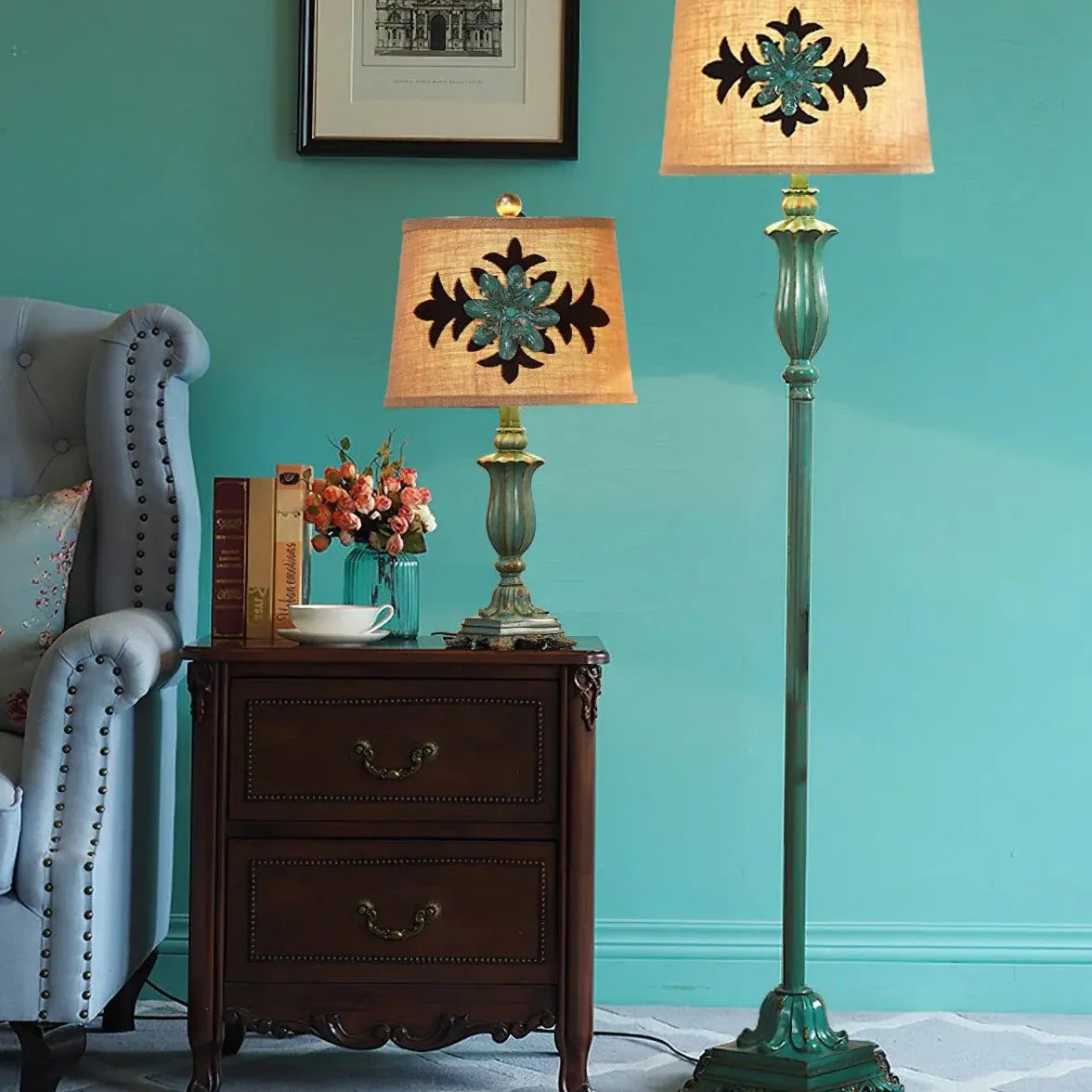 Green Vintage Country Style Floor Lamp