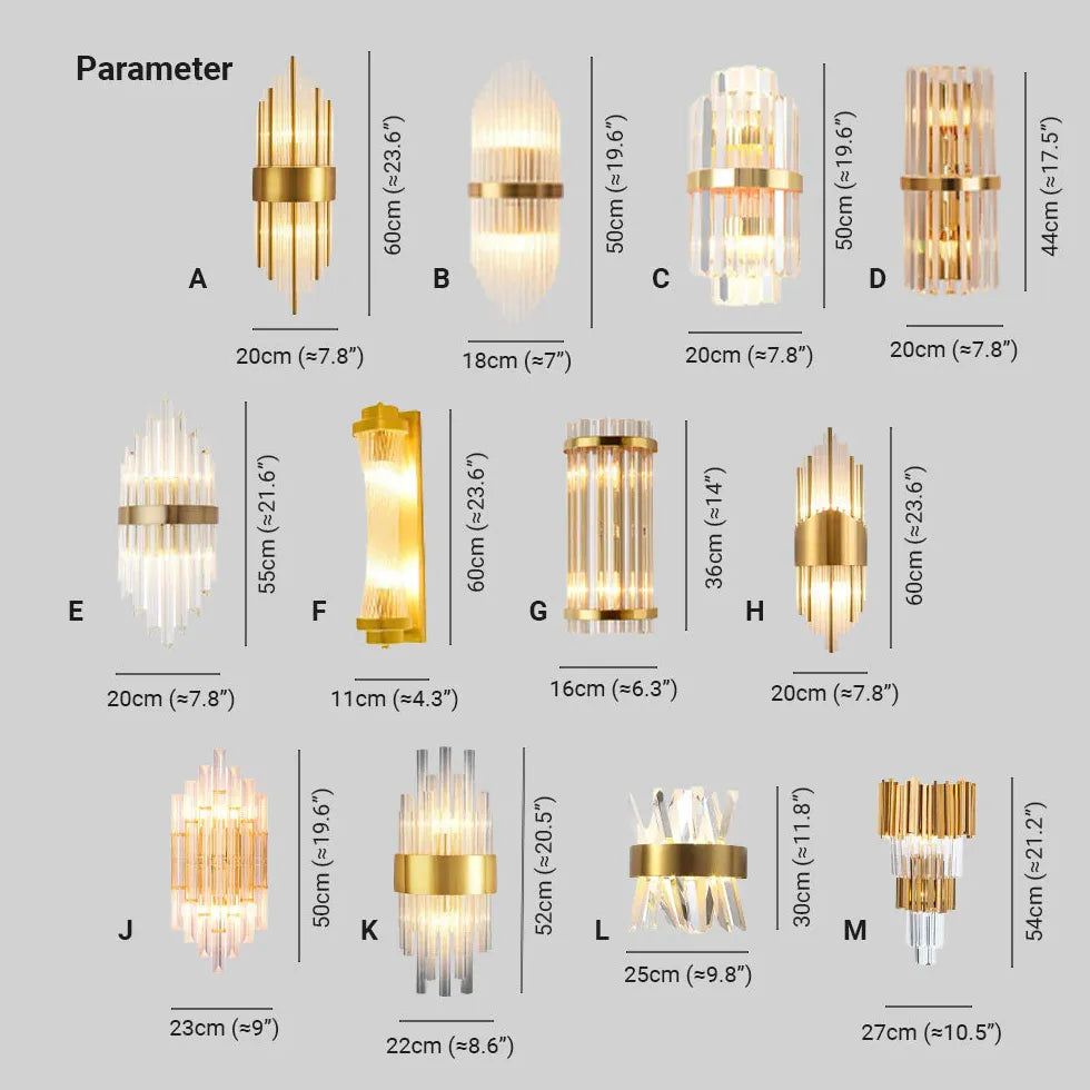 Gold Columnar Crystal Bedroom Wall Lights