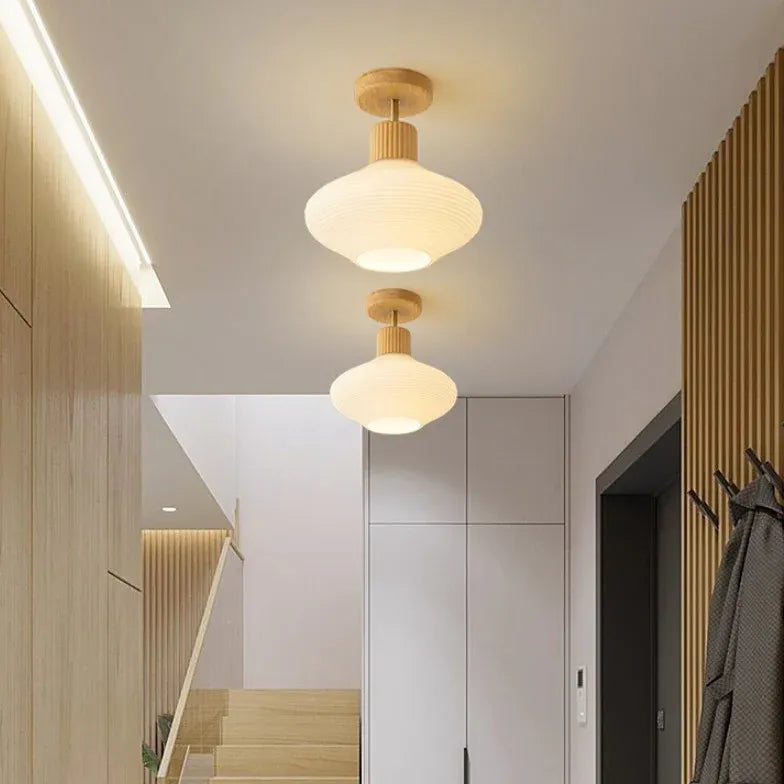 Wooden & White Glass Corridor Ceiling Light