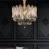 Crystal Leaf Adorned Golden Modern Chandelier