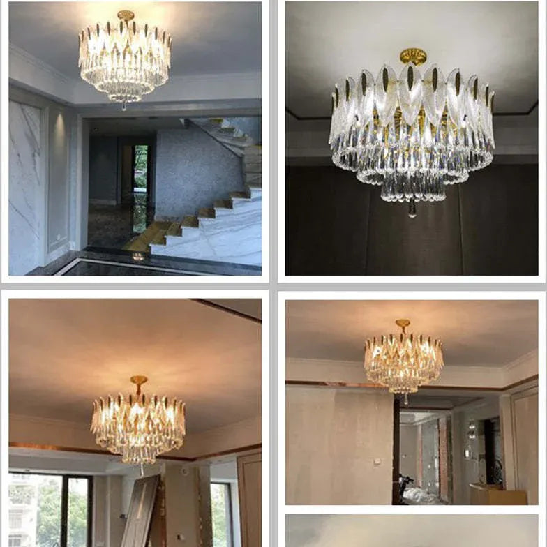 Crystal Leaf Adorned Golden Modern Chandelier