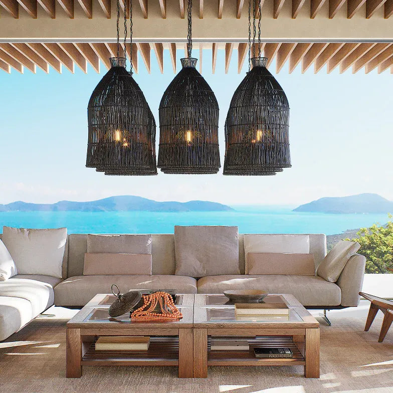 Black Bell Kitchen Rattan Pendant Light