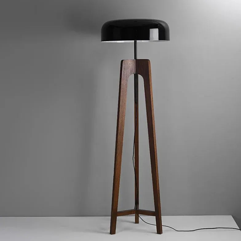 Black Round Wooden Tripod Floor Lamp