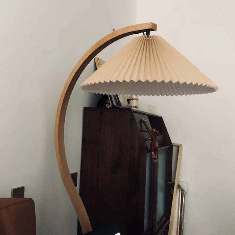 Wooden Curved Fabric Bedroom Floor Lamp