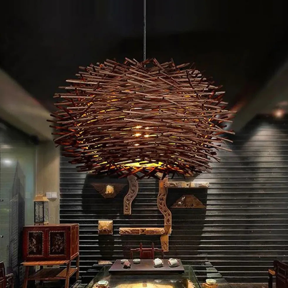 Wooden Stick Spherical Dining Room Pendant Light