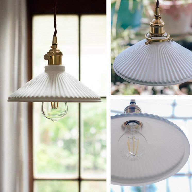 Vintage Brass Pleated Ceramic Pendant Light