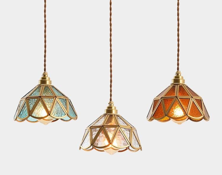 Colored Glass and Antique Brass Pendant Light