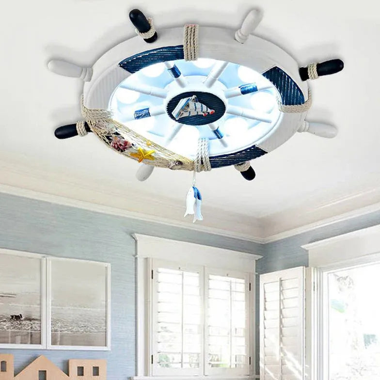 Ship Wheel-Shaped Blue and White Ceiling Light