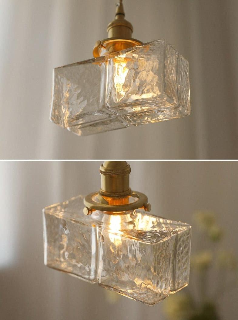 Vintage Brass Glass Square Pendant Light