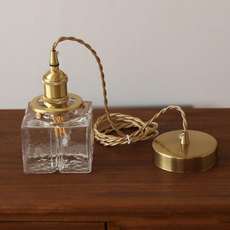 Vintage Brass Glass Square Pendant Light