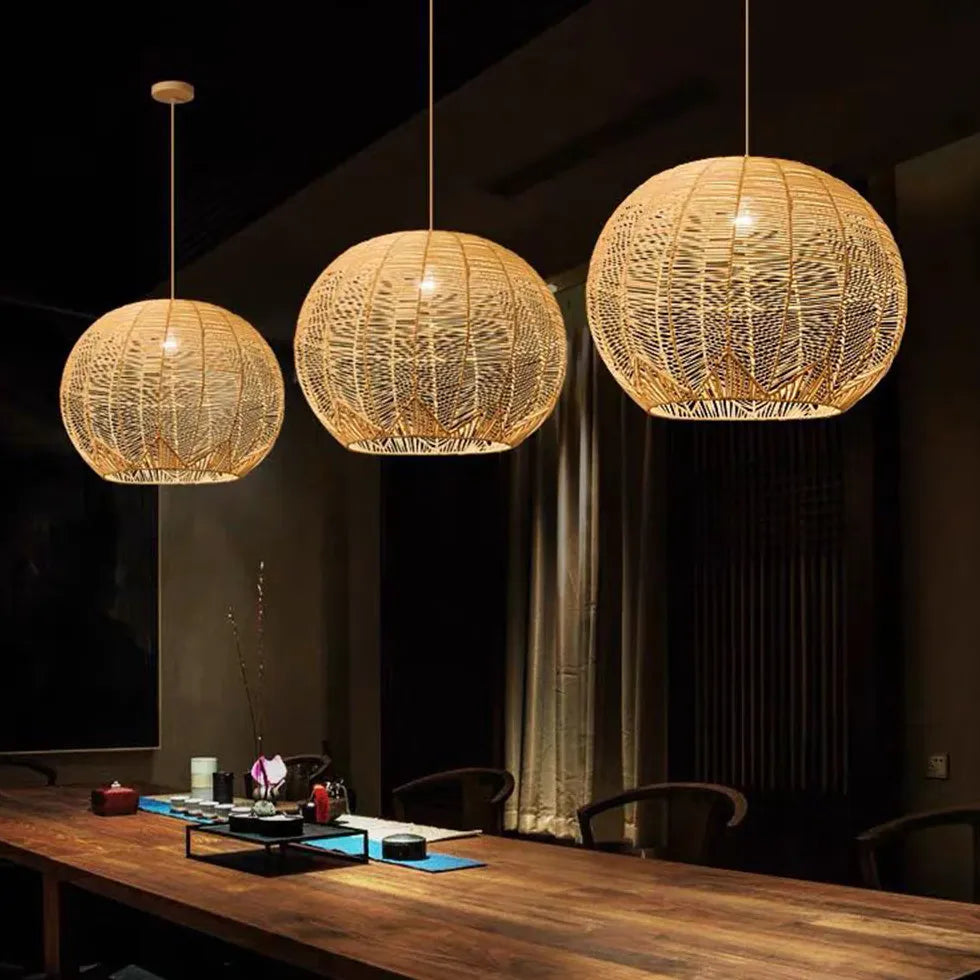 Woven Rattan Spherical Mesh Pendant Light