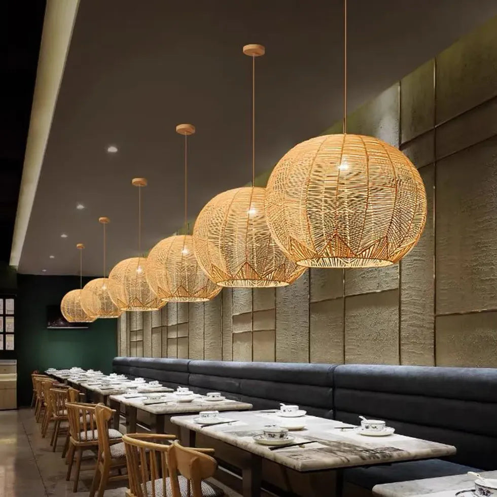 Woven Rattan Spherical Mesh Pendant Light