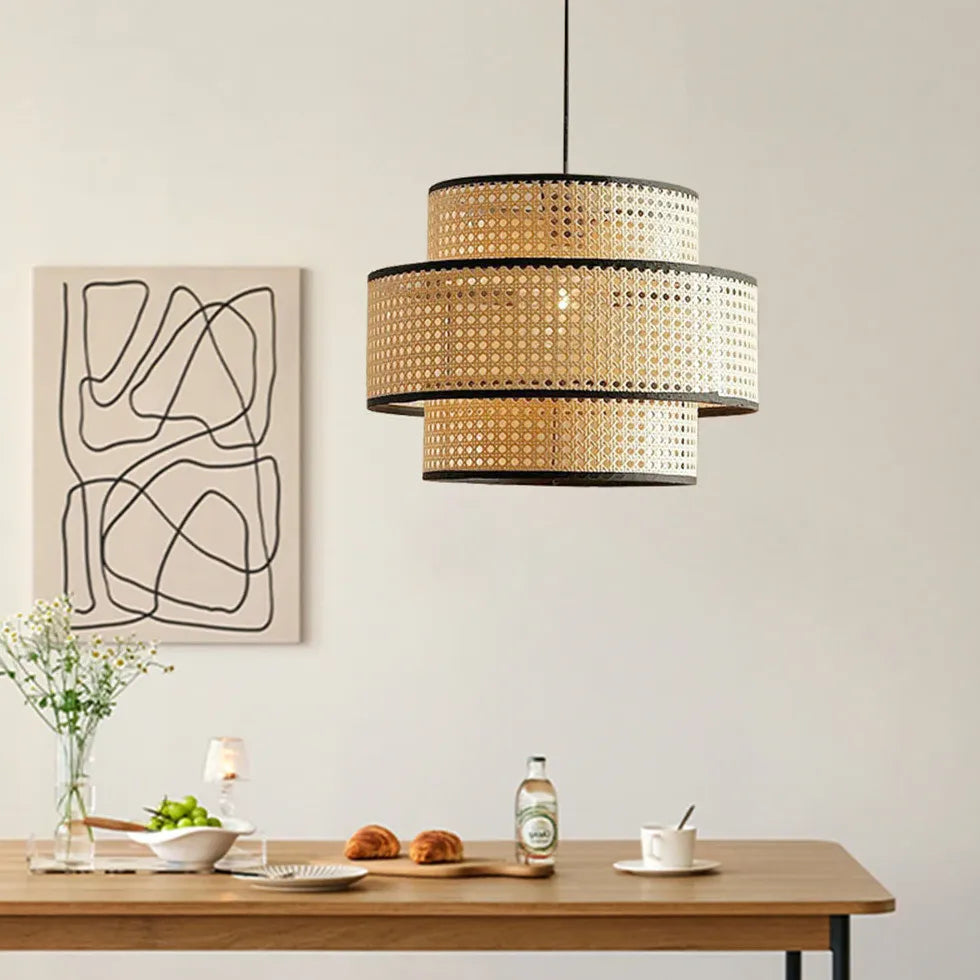 Rattan Double-Layer Cylindrical Pendant Light