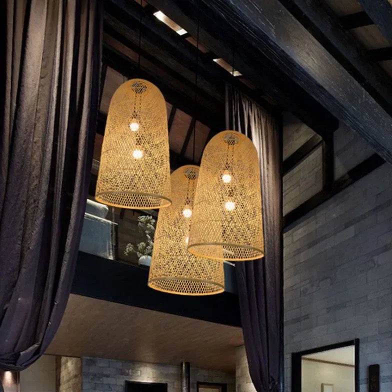 Woven Rattan Mesh Bell-Shaped Pendant Light