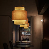 Rattan and PVC Double-Layer Cylindrical Pendant Light