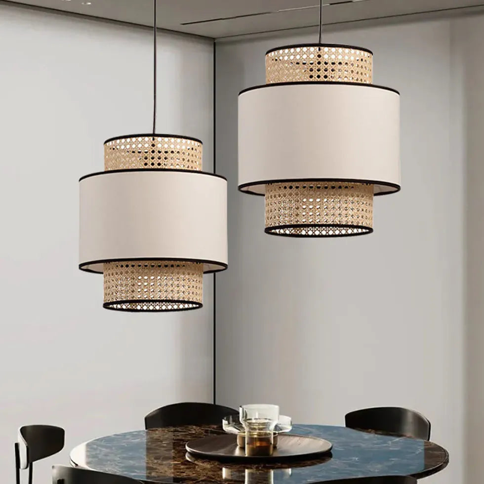 Rattan and PVC Double-Layer Cylindrical Pendant Light