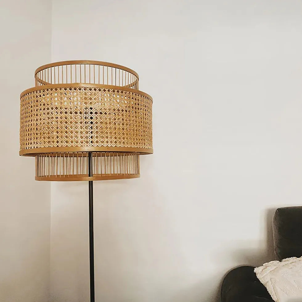 Dual Cylindrical Wicker Minimalist Floor Lamp