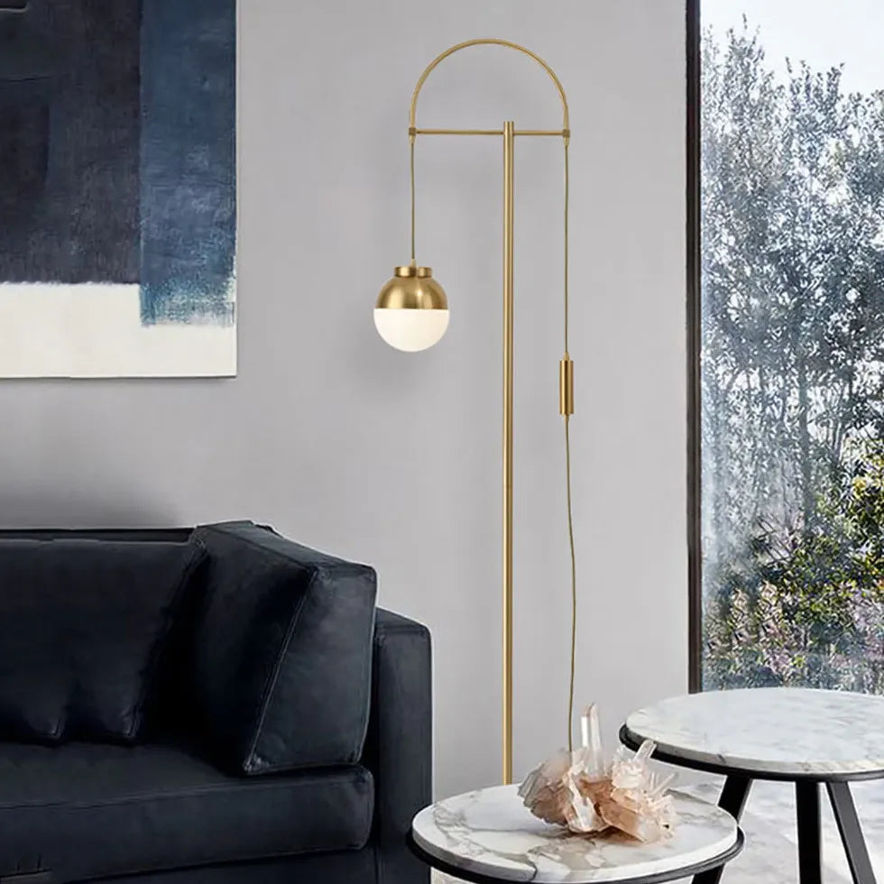 Gold Hanging Sphere Arched Floor Lamp