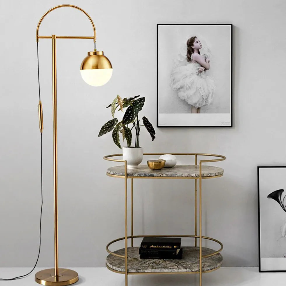 Gold Hanging Sphere Arched Floor Lamp