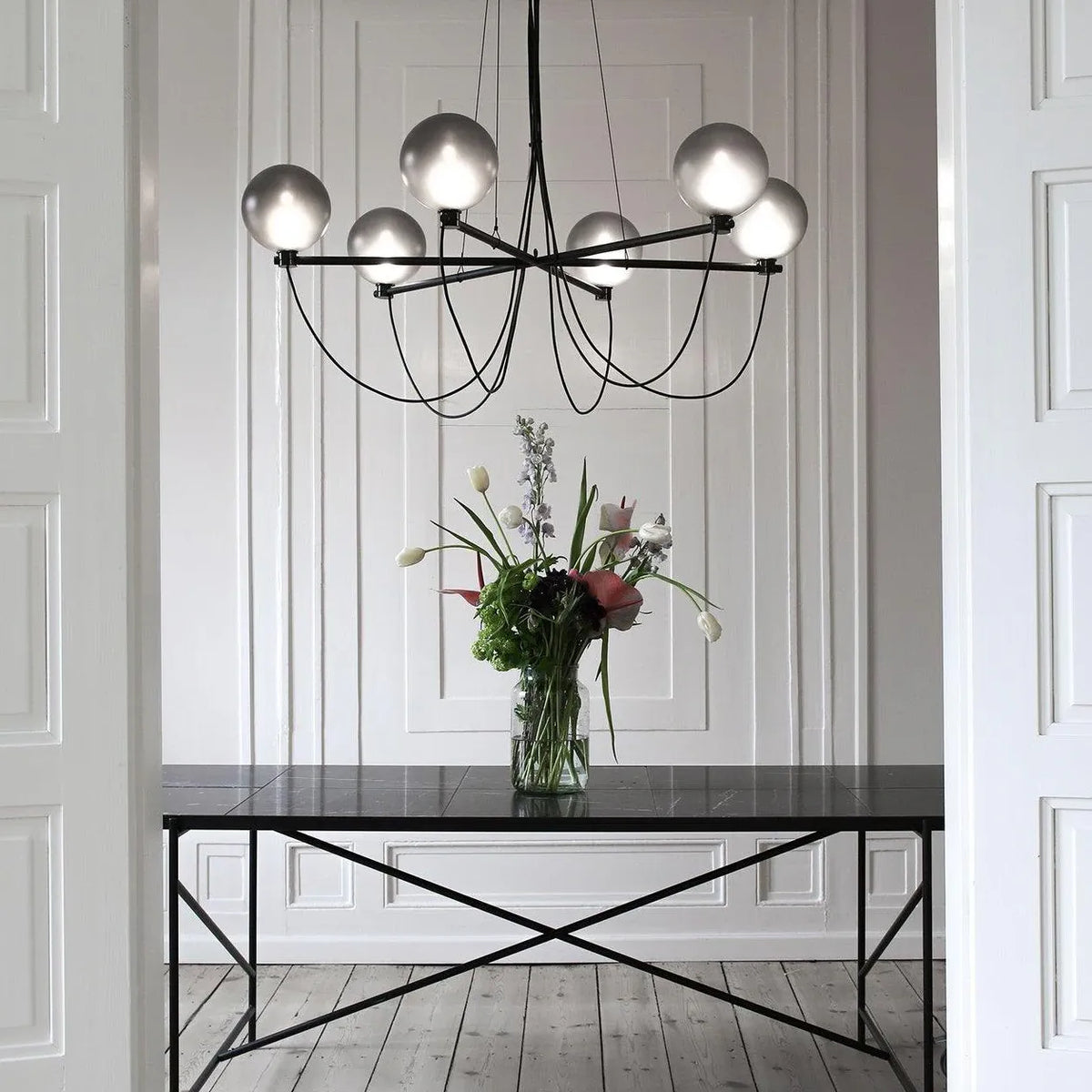 Black Metal Frame Gray Glass Ball Chandelier